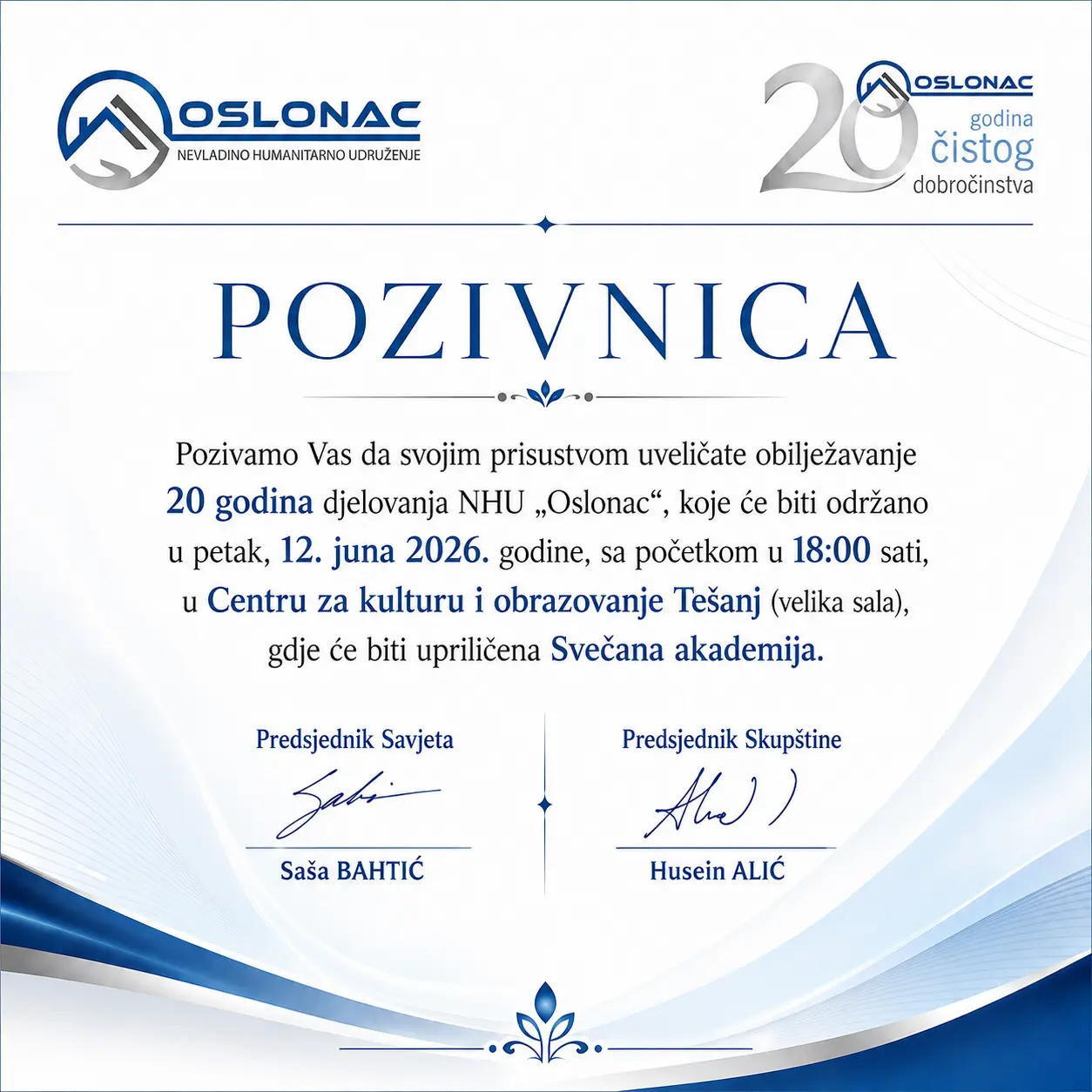Pozivnica za svečanu akademiju povodom 20 godina NHU Oslonac Tešanj